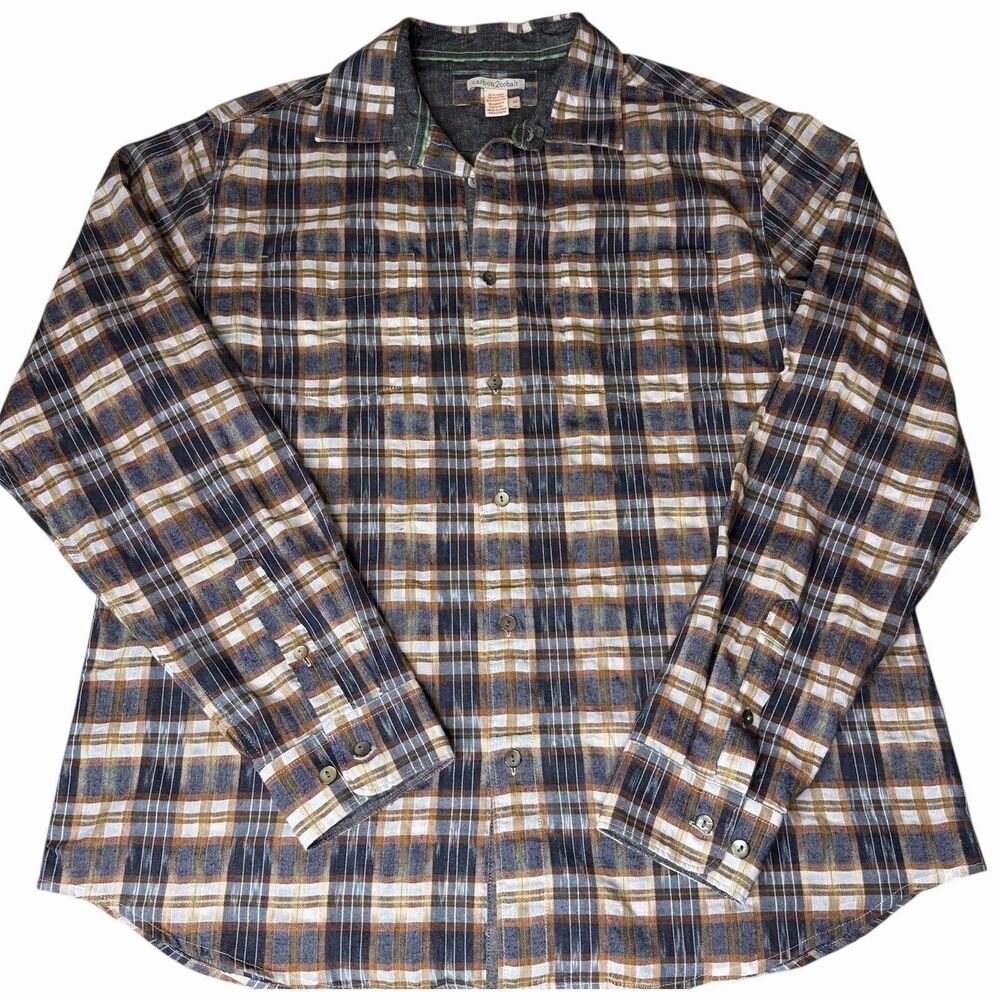 3/$30 Carbon2Cobalt Mens M Shirt Linen Cotton Blend Plaid Long Sleeve Button Up